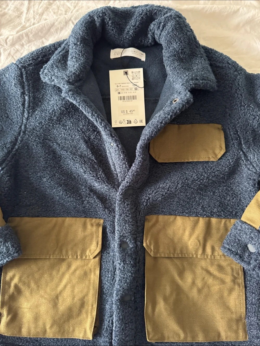 ZARA Kids Navy Sherpa Jacket with Contrast Tan Pockets NWT size 6-7
